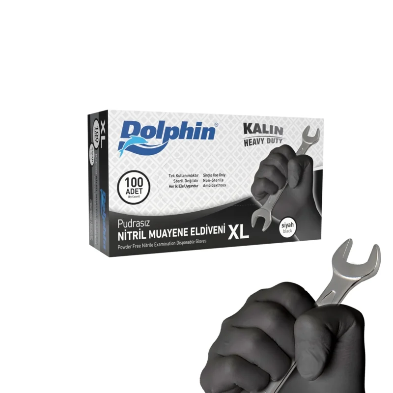 Dolphin Kalın Pudrasız Siyah Nitril Eldiven Extra Büyük (XL) - 100 Adet